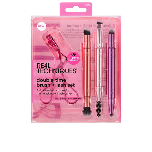 Real Techniques Double Time Brush + Last Makeup Brush Set With Eyelash Curler Flawless Look Always